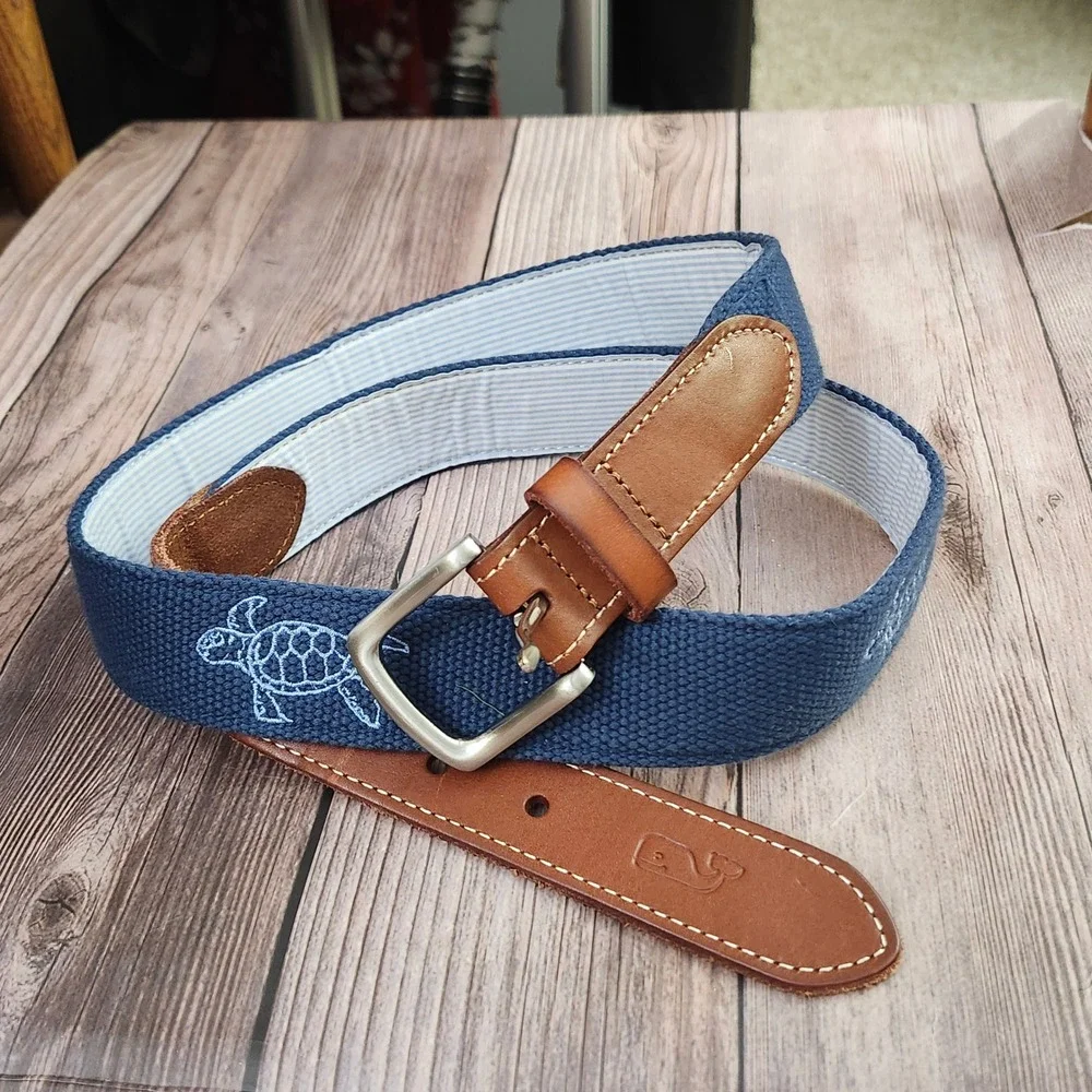 Vineyard Vines Mens Navy Blue Sea Turtle Canvas Leather Club Belt Size 40 Preppy